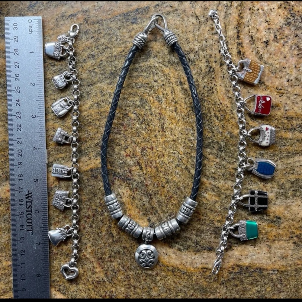 Brighton jewelry. 2 handbag themed bracelets and a scroll motif necklace.